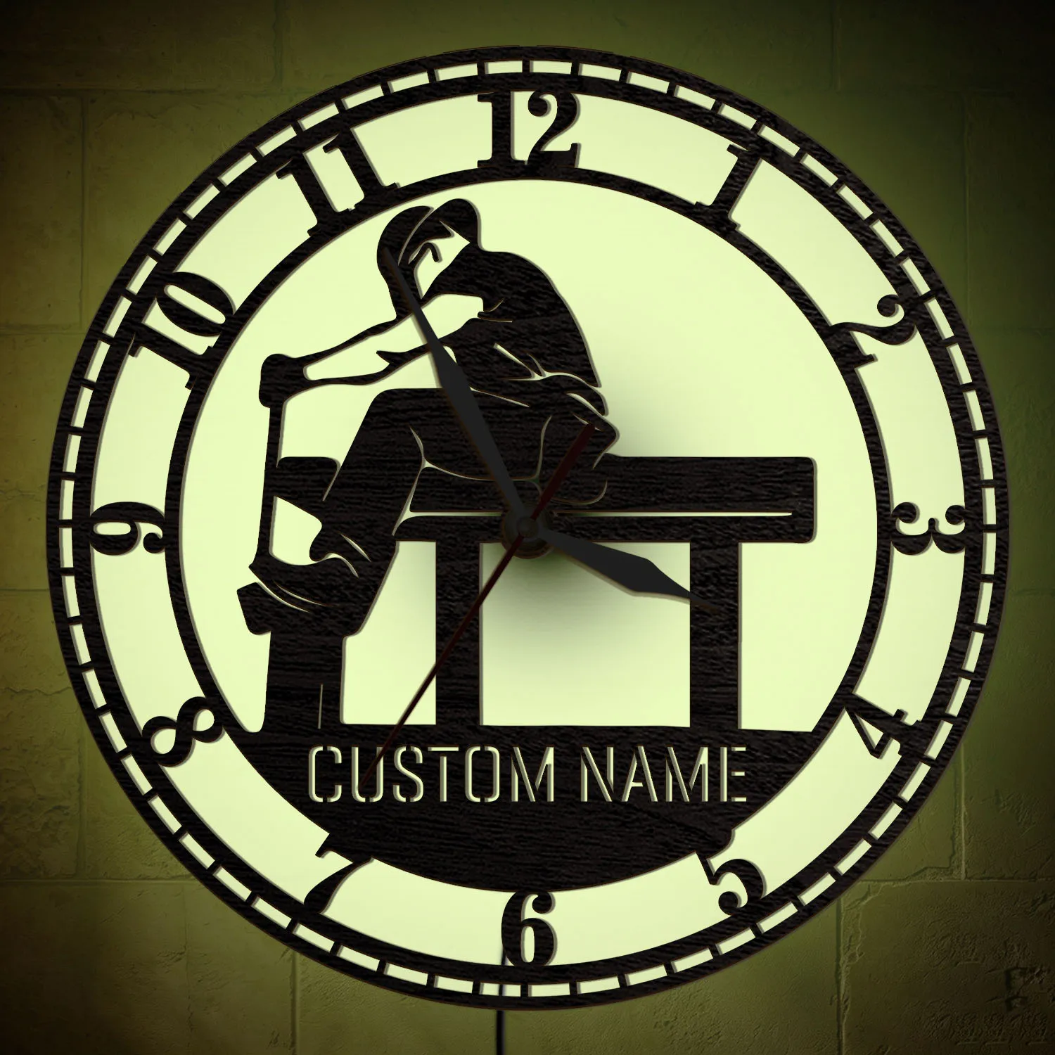 Custom Ironworker Name Wooden Wall Clock with LED Light Construction Worker Silhouette Color Changing Personalized Wall Clock