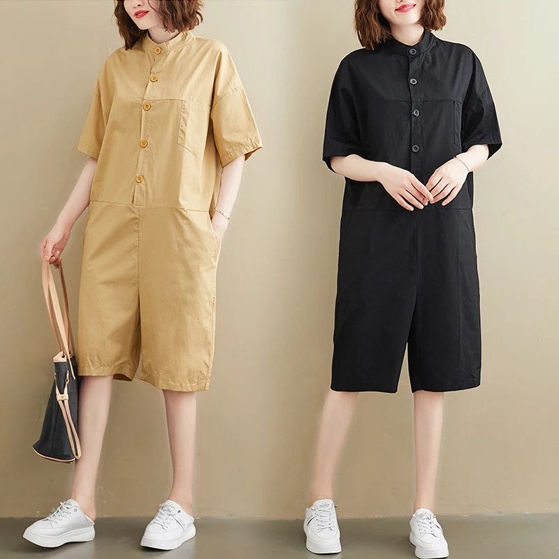 

plus Size Women's Wide Leg Pants ort Sve Stand Collar Workwear Jumpsuit Artistic Loose Fit Commute Sle Pure Color Spli...