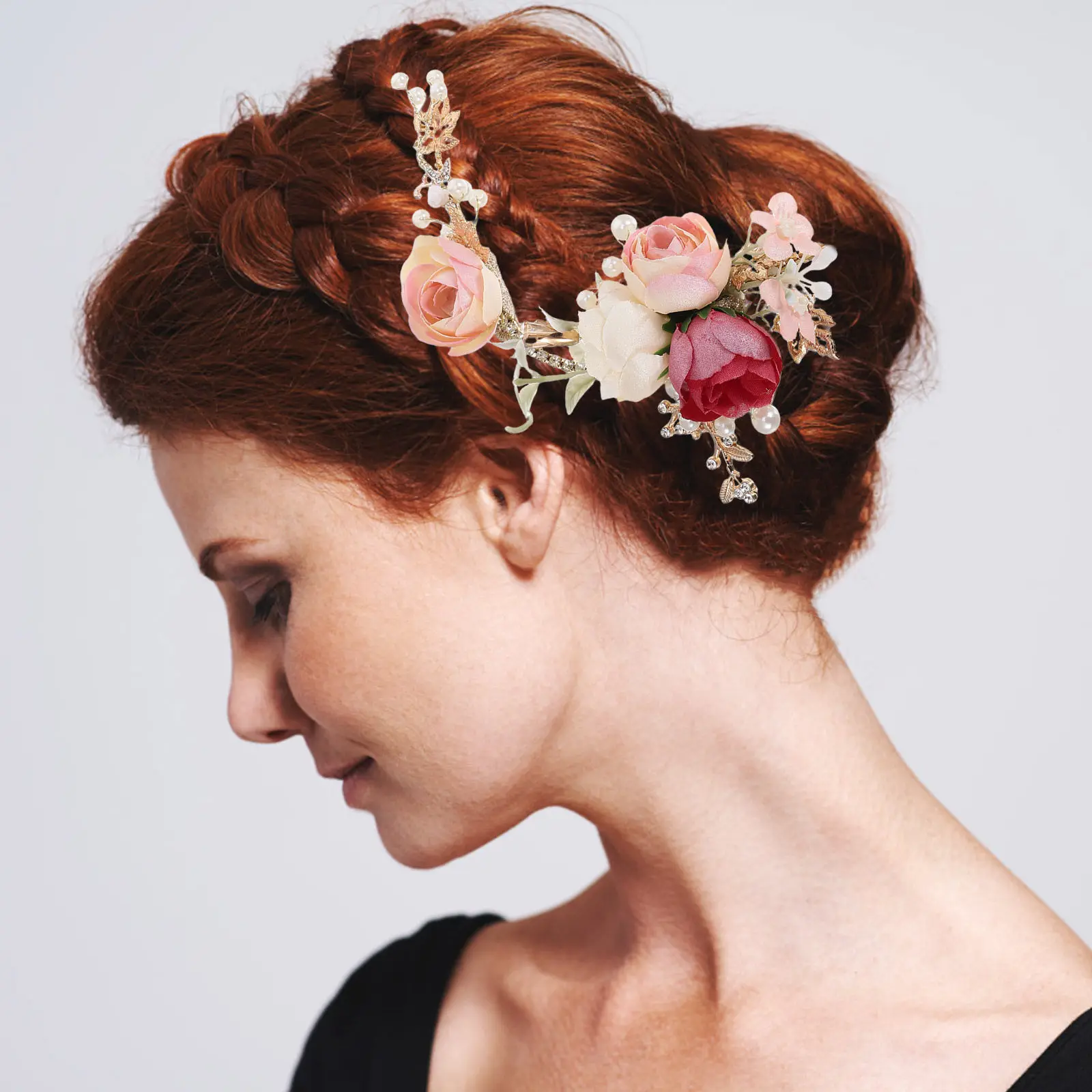 4Pcs Crystal Embellished Rose Flower Hairpin Fabric Alloy Bridal Hair Clips for Wedding Anniversary Valentine's Day Women