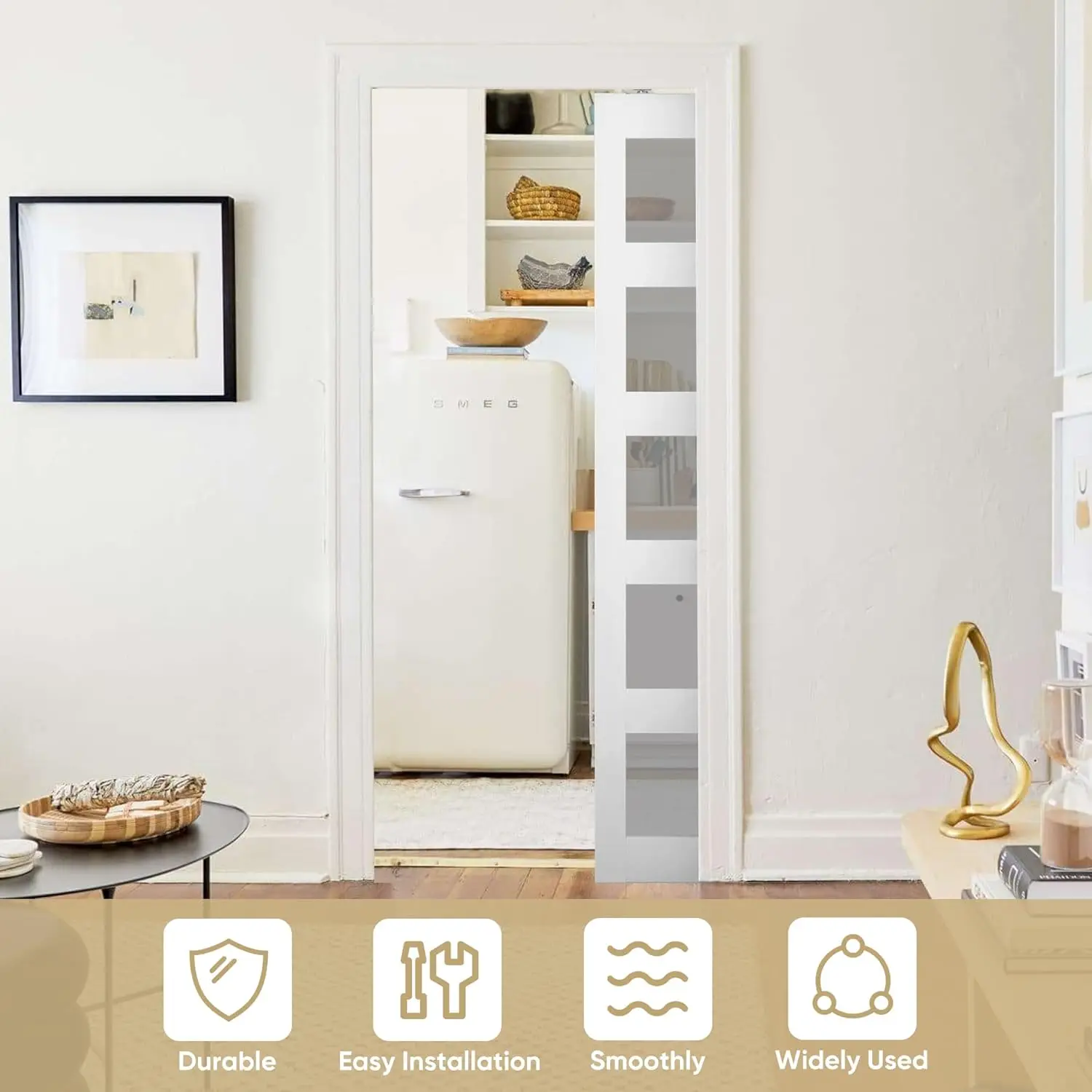 

5FT Pocket Door Kit, Pocket Door Hardware 56.75", Durable Pocket Door Track with White Rollers, for 24"-30" Wide Doors