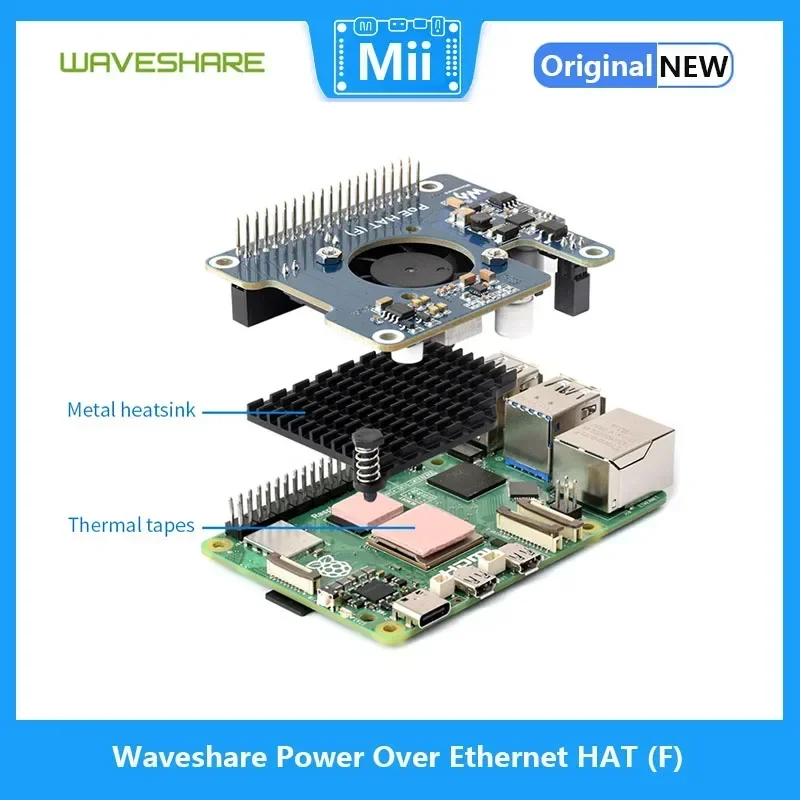 Waveshare Power over Ethernet TOPI untuk Raspberry Pi 5 dengan Kipas Pendingin Onboard dan Heatsink Logam Mendukung Jaringan 802.3af/at
