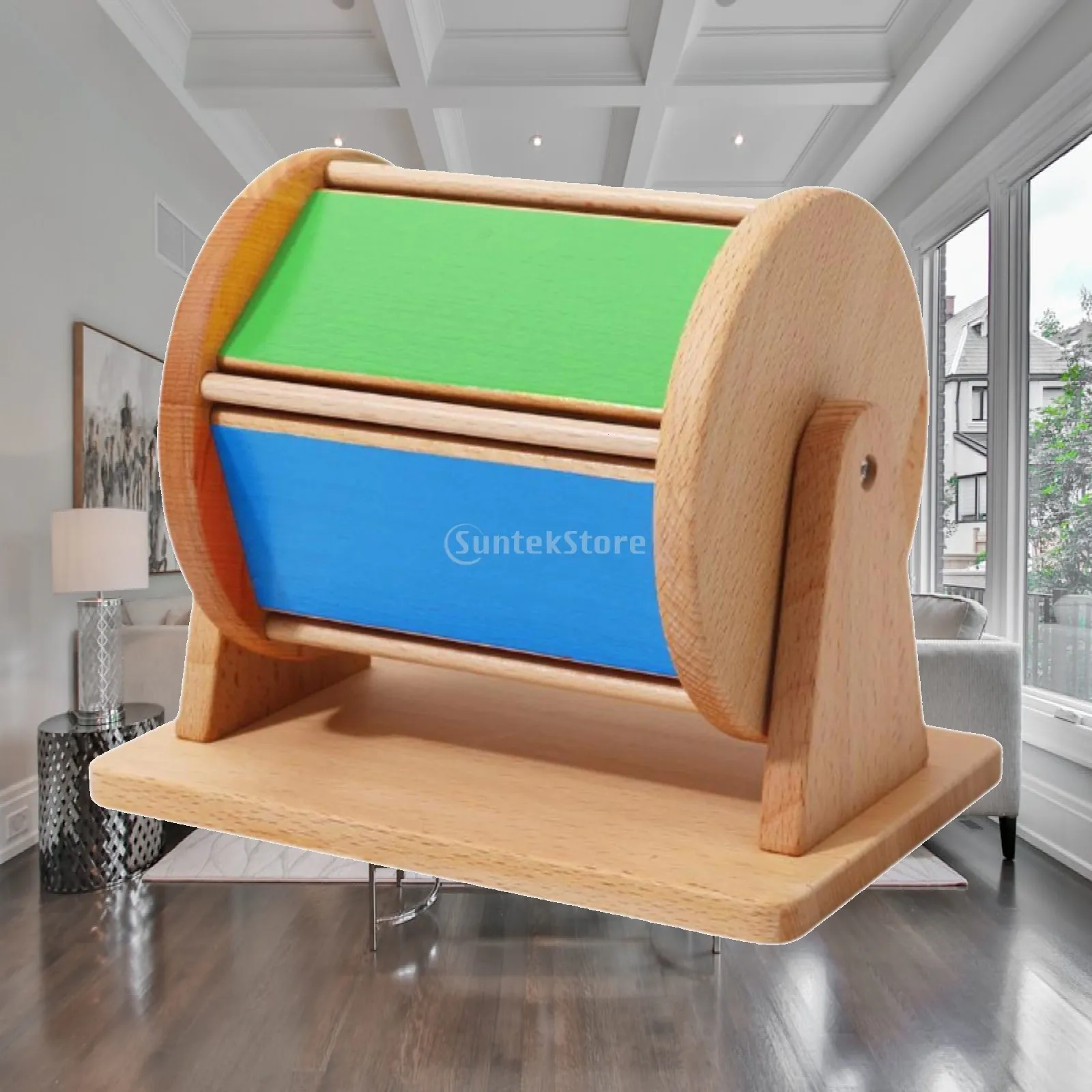 Rolling Textile Drum Wooden Sensory Toy Six Side Color Spinner with Mirror Kids Educational Wheel for Early Learning Play