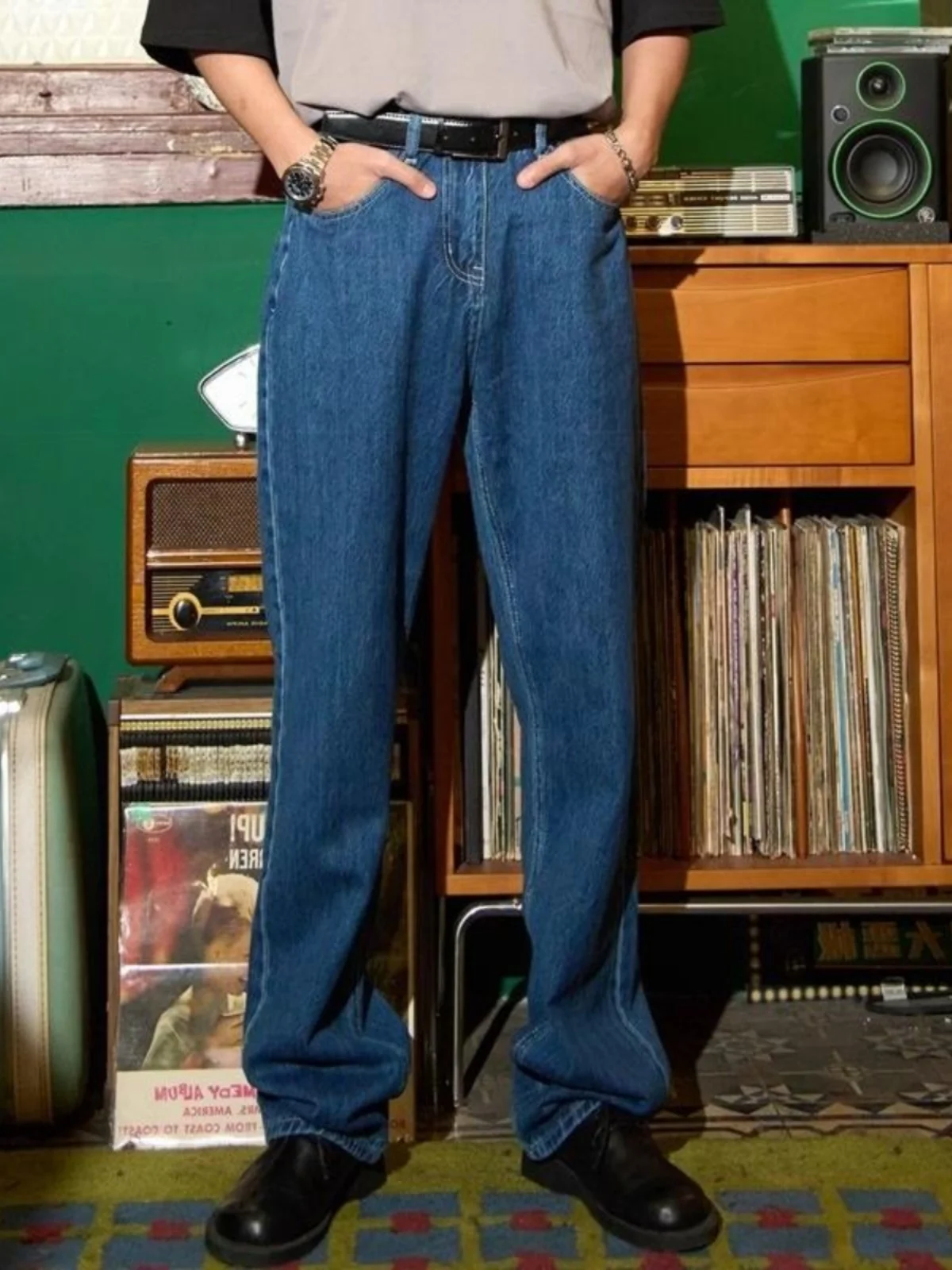 

Ретро Гонконгские сле Высокая талия Прямые синие джинсы Износостойкие утягивающие джинсы для папы Весна Осень Повседневная Свободная посадка