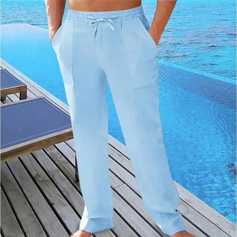 Men's Casual Summer Breathable Pants Waist Drawstring Pockets Linen Trousers Beach Pants