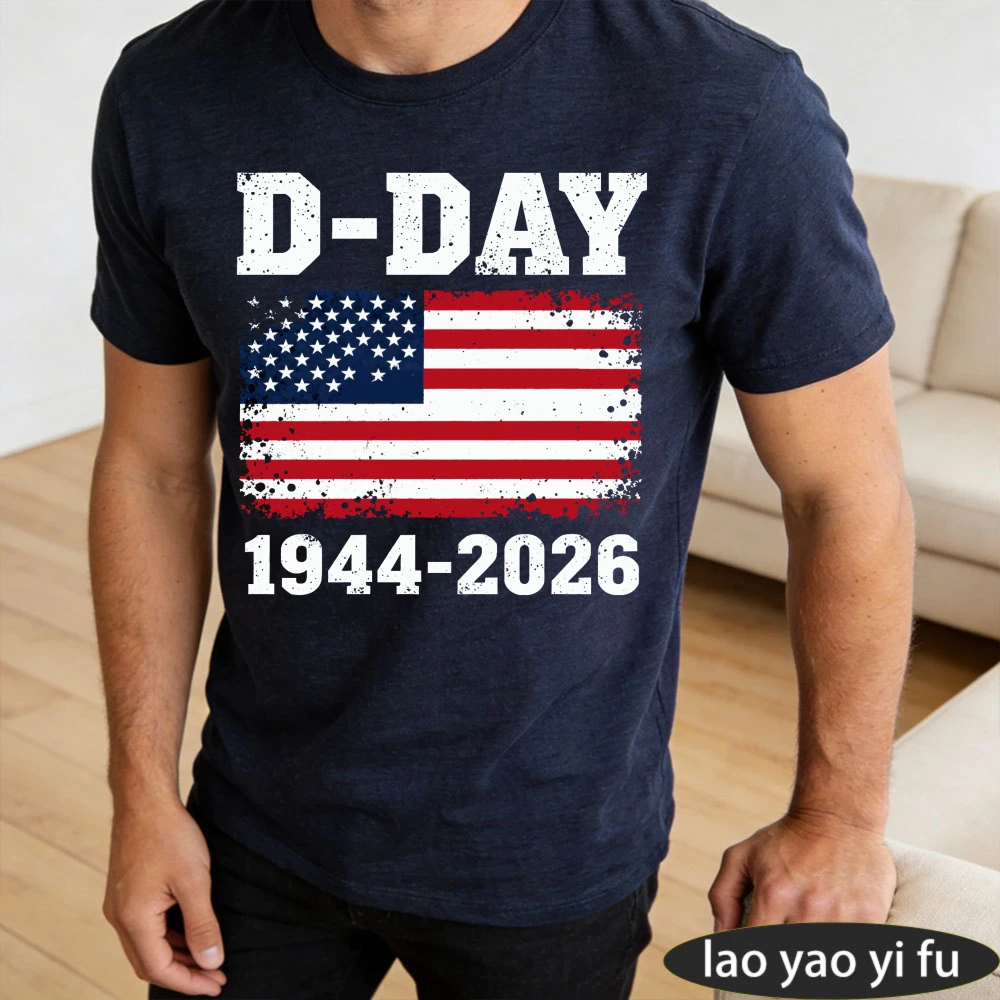 Vintage 1944-2026 Operation Overlord US Flag Men's Patriotic Print Short Sleeve TShirt Summer Short Sleeve Gift for Veterans Day