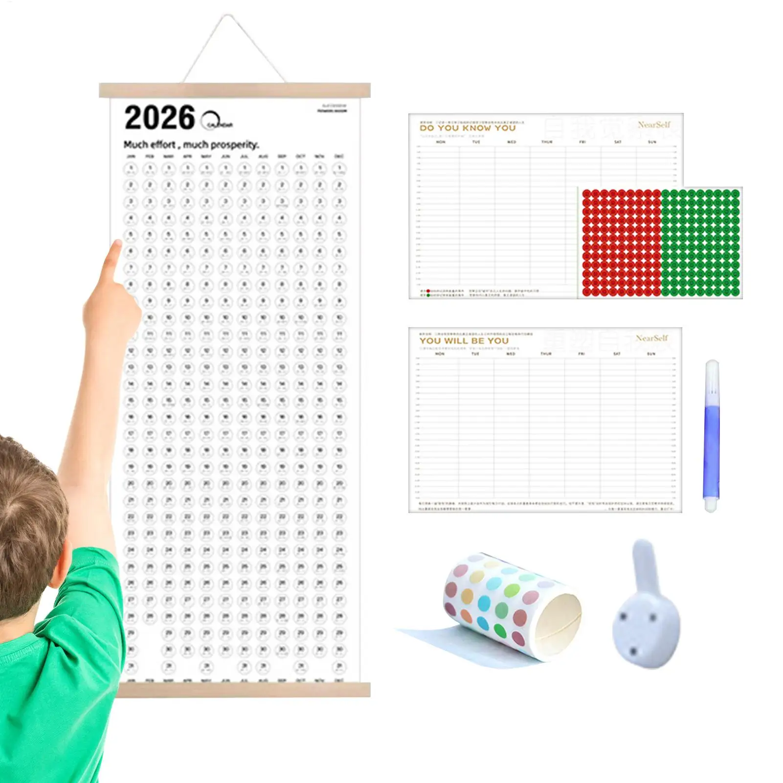 2026-2027 تقويم على الحائط على الوجهين مع جدول خشبي بسيط تقويم حائط كبير مع ملصقات قلم مخطط شهري #3