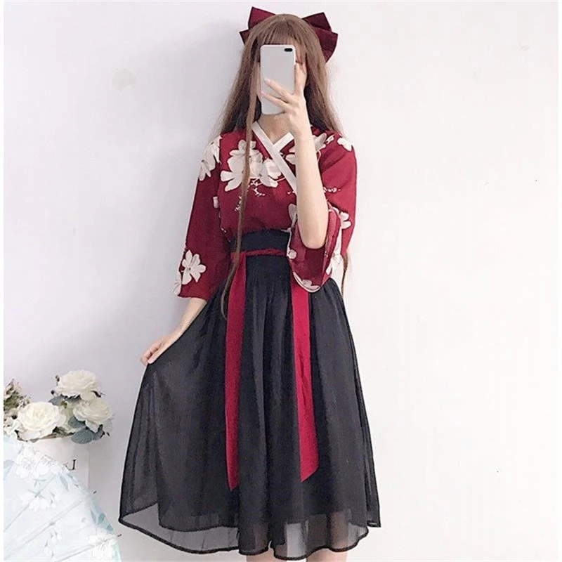 Retro Japanese Style Vintage Hanfu Haori Kawaii Girls Women Foral Kimono Dress for Party Yukata Asian Clothes Skirts Vestidos