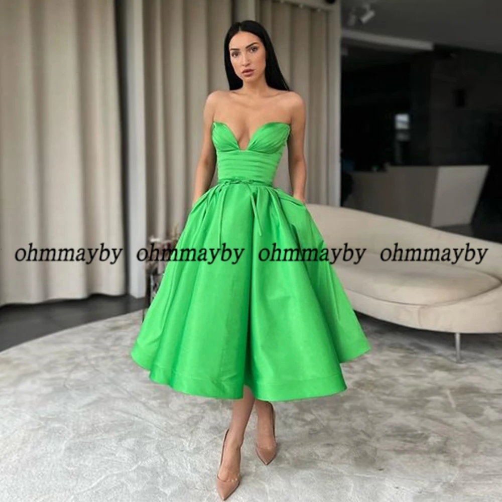 

A Line Green Corset Prom Gowns Elegant Party Dress with Sashes Sleeveless Evening Dresses 2024 New Summer Tea Length Vestidos