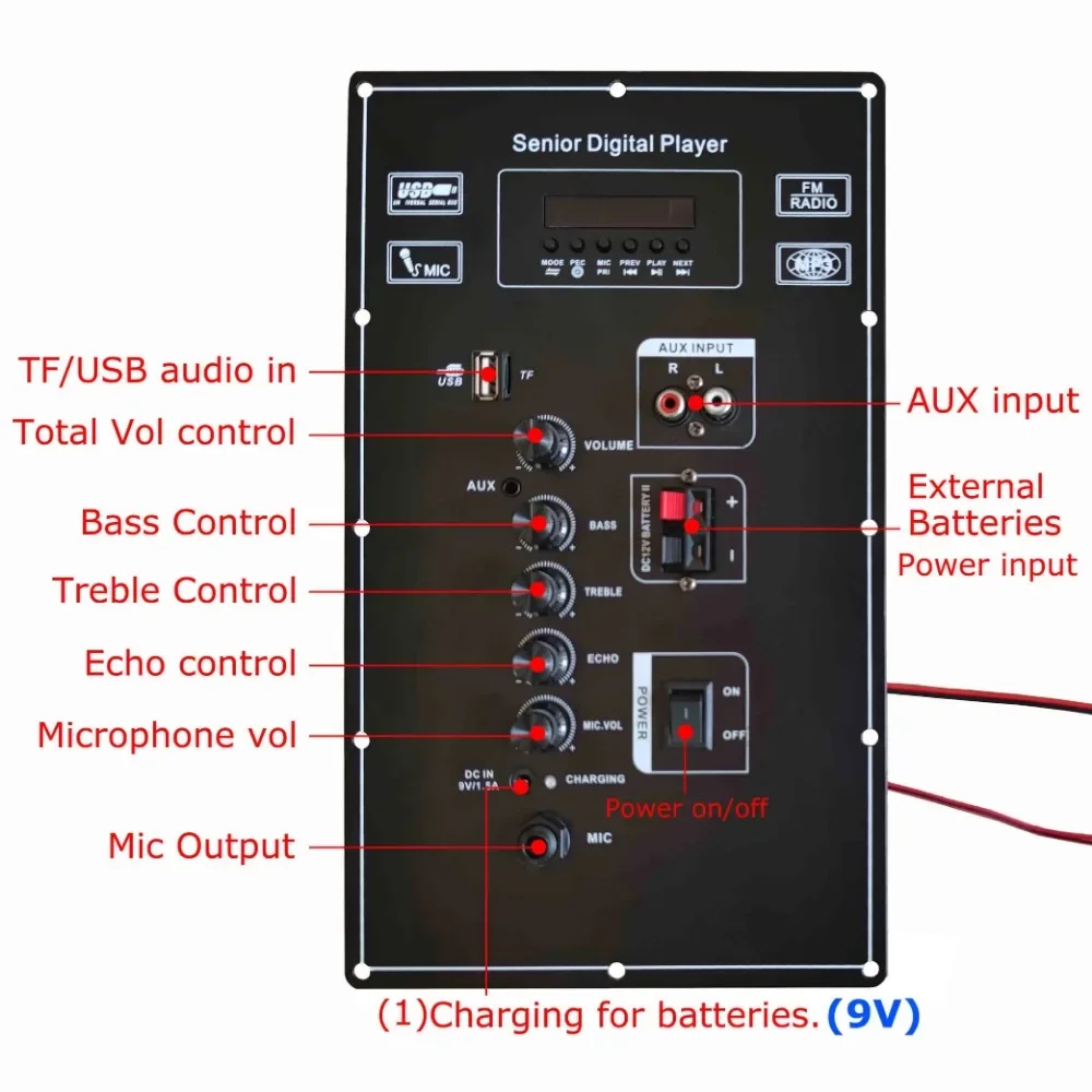 9V Digital Bluetooth Stereo Amplifier Board Dual Microphone Karaoke Amplifiers 80w for 6-12 Inch Speaker 7.4V Battery