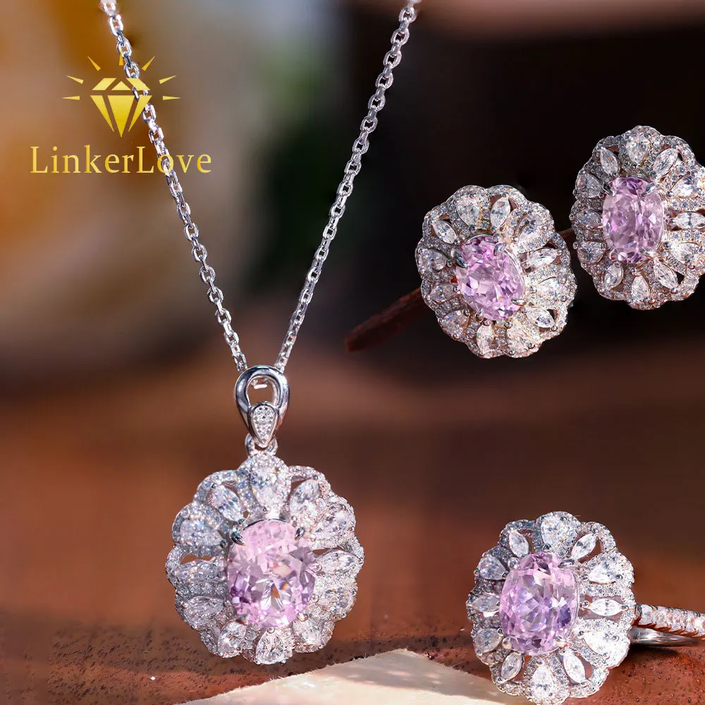 

LinkerLove S925 Silver Pink Morganite Jewelry Set for Women Oval Halo Necklace Earrings Ring Wedding Set June Birthstone Jewelry