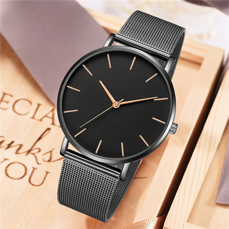 Minimalist Mesh Belt Ultra-thin Fashion Men Watch Rose Gold Business Stainless Steel  Quartz Clock