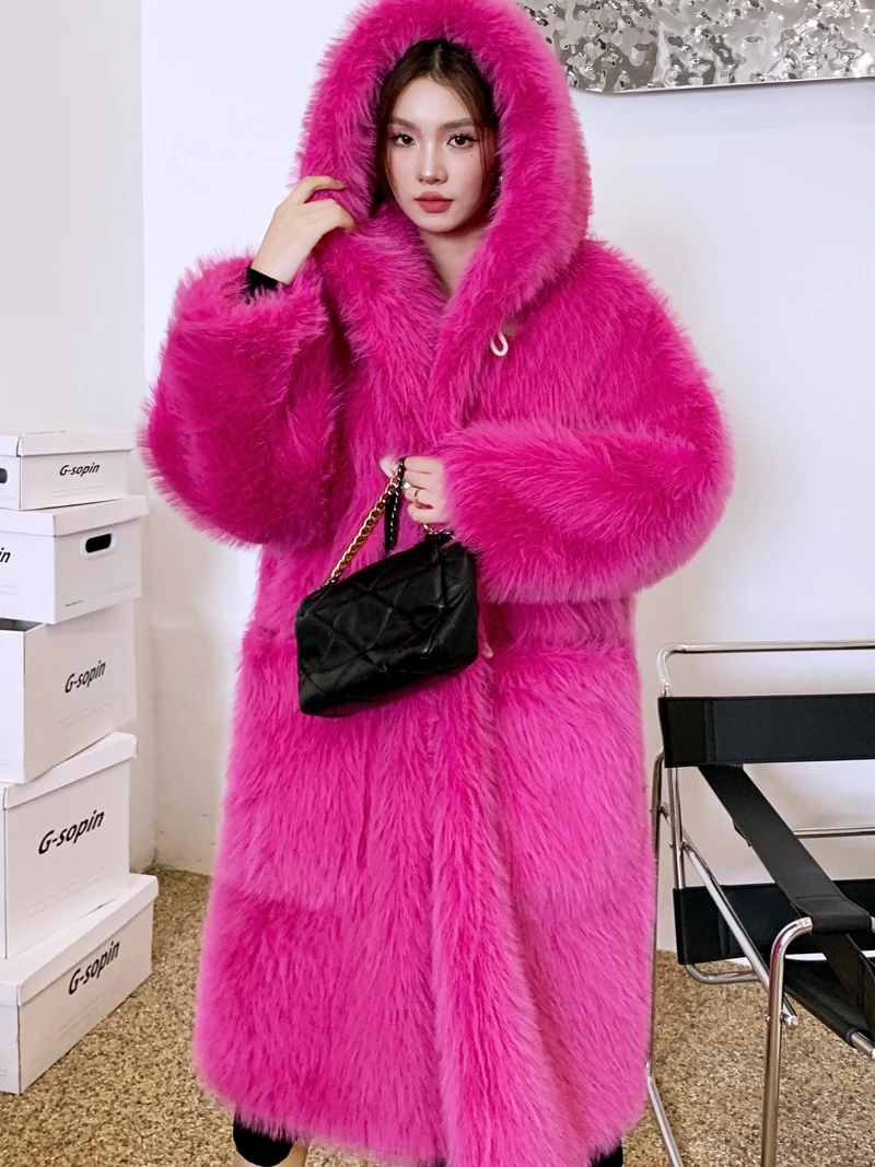Casaco com capuz de pele sintética feminino, lã artificial, casaco longo, ecológico, rosa vermelha, moda feminina, promoção, inverno