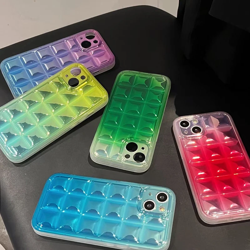 3D Weave Grid Ice Cube Gradient Candy Color Transparent Phone Case For iPhone 11 12 13 14 Pro Max Soft Shockproof Silicone Cover