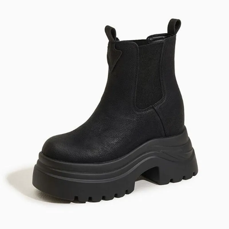 

Новые женские зимние ботинки челси на высоком массивном каблуке с круглым носком из микрофибры, кожаные, без застежек, в стиле ретро, на платформе, короткие