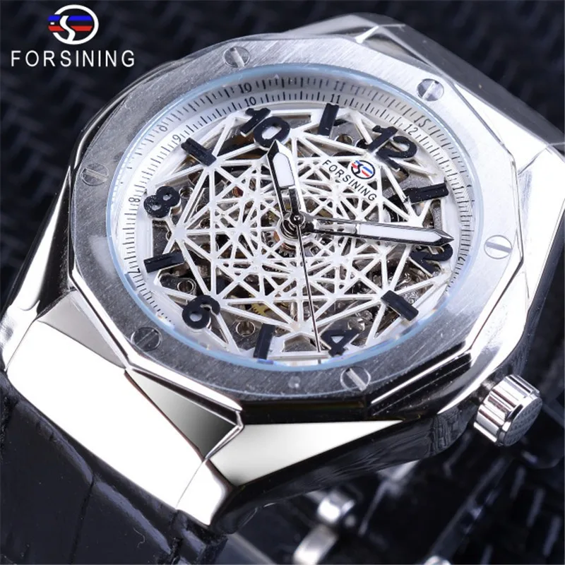 

Fashion Forsining Top Brand Men's Casual Hollow Out Skeleton Waterproof Fully Automatic Mechanicalgenuine Leather Wrist Watches