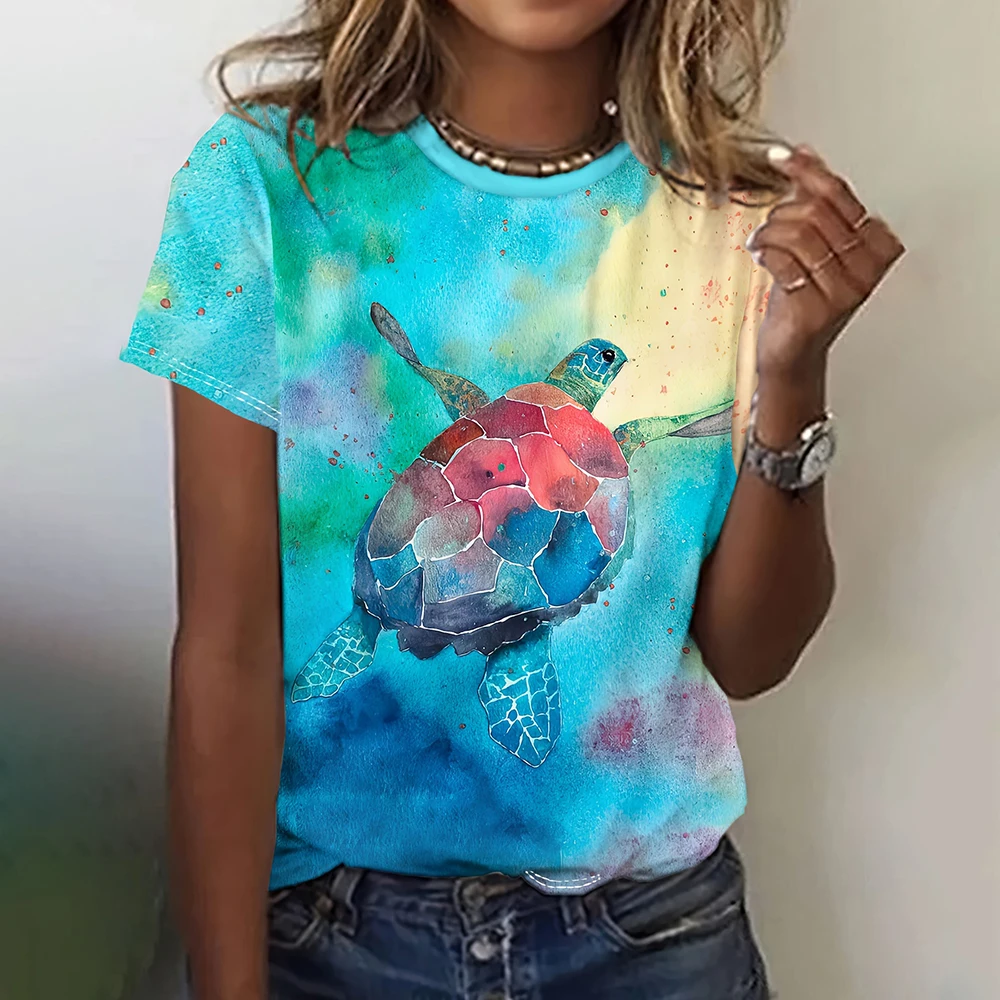 Camisetas con estampado 3D de tortuga para mujer, ropa de calle informal Harajuku, camiseta de manga corta para mujer, camisetas con cuello redondo, ropa de verano