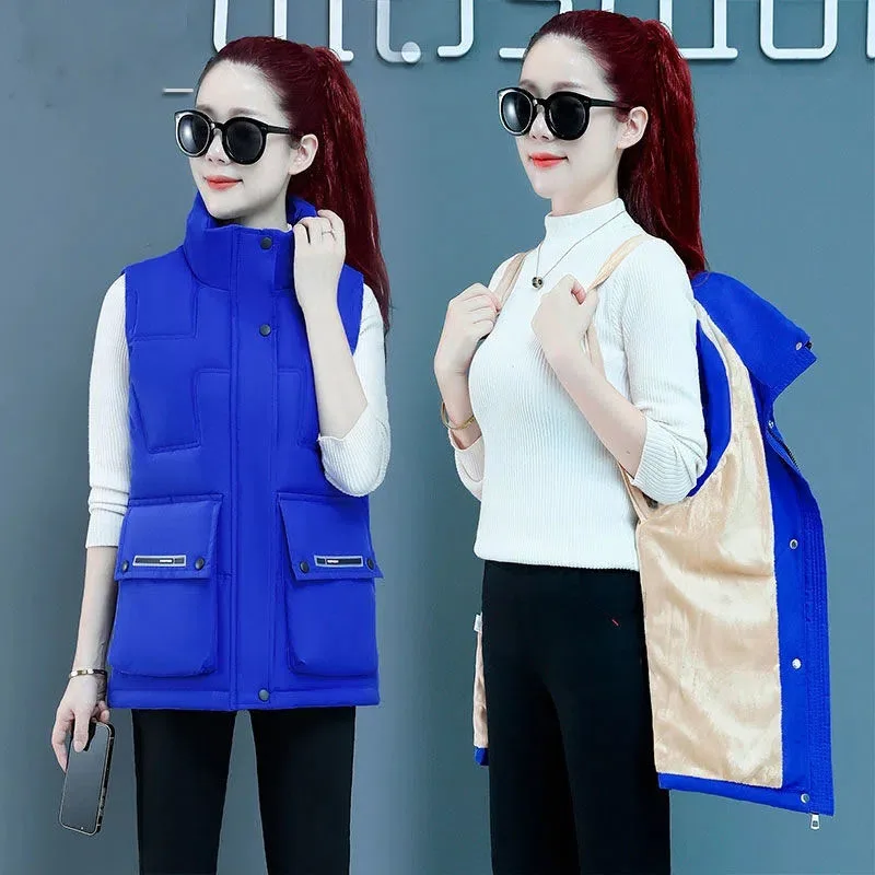

New Autumn Elegant Women Stand Collar Velvet Cotton Padded Vest Winter Warm Waistcoat Female Sleeveless Jacket Casual Coat Vests