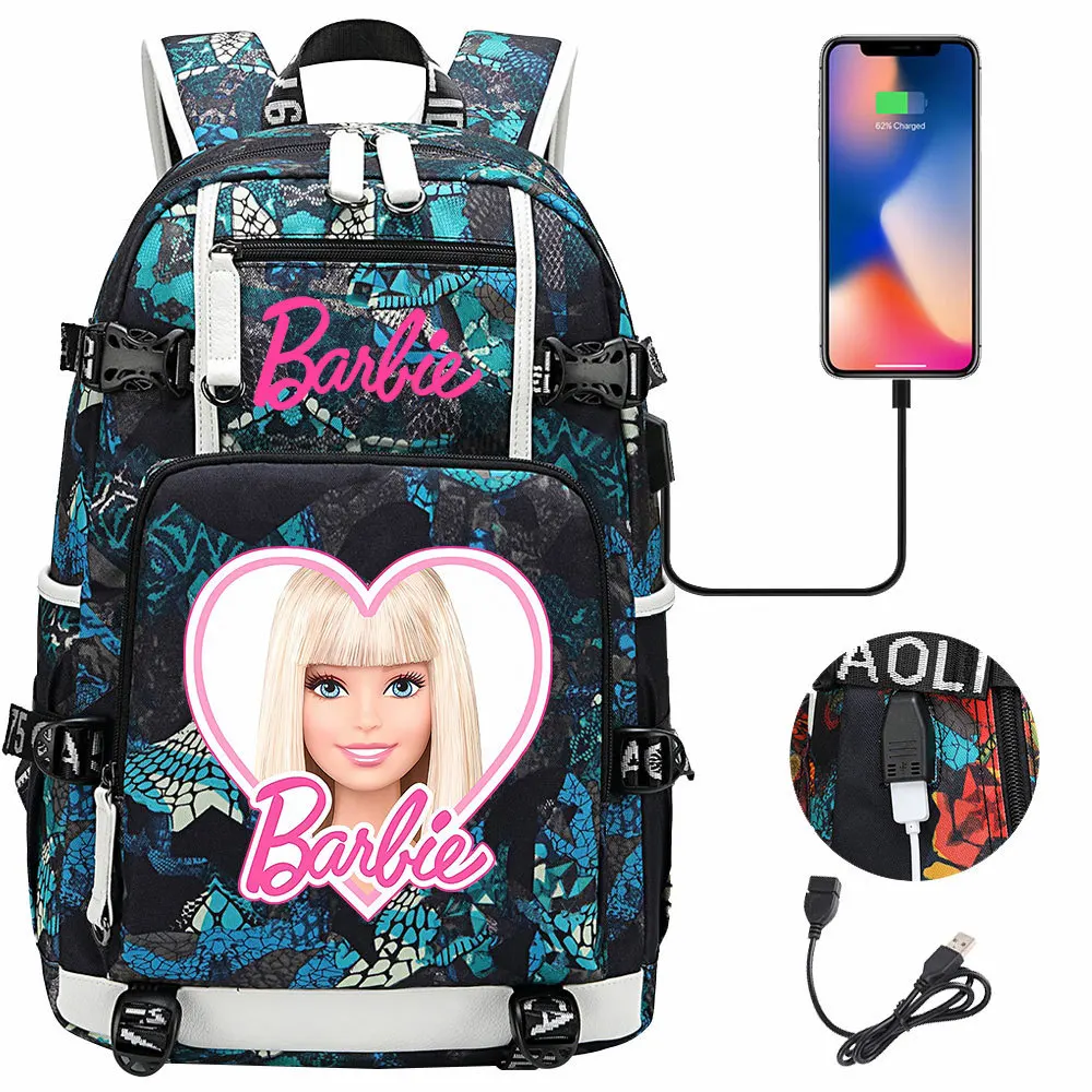 New Barbie the movie Girls Boys Kids Backpack Teenager USB Charging Laptop Backpack Women Men Rucksack Mochila Travel Bag