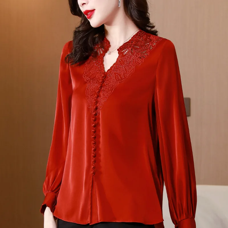 #2524 Red Blue Satin Womens Tops And Blouses V-neck Embroidery Hollow Out Basic Blouse Buttons Long Sleeve Woman Shirts Spring