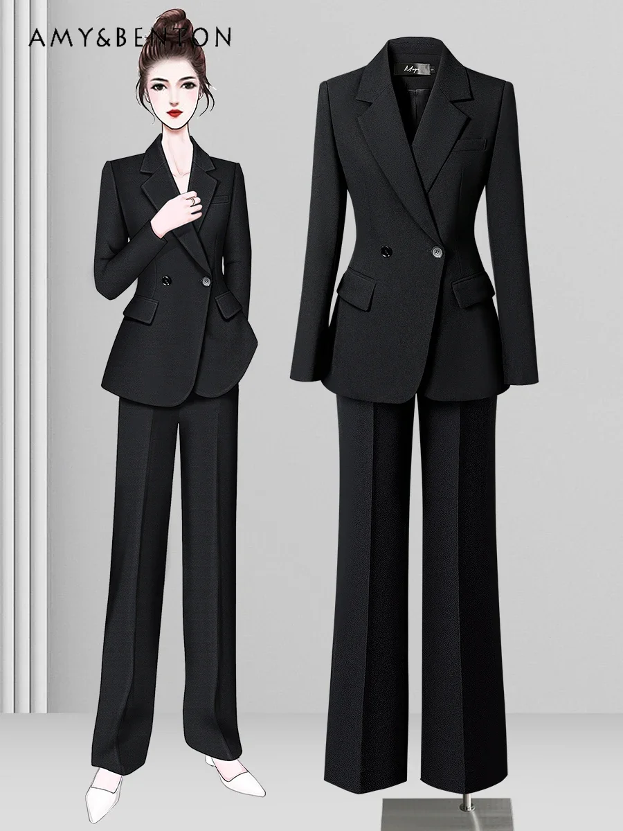 Commuter Style Professional Suit Women Fashion Temperament Cross Collar Slim Coat Wide-leg Pants 2 Piece Sets Womens Outfits