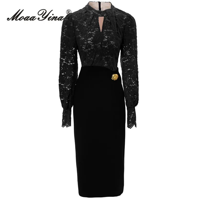 

MoaaYina Autumn Fashion Designer Black Vintage Spliced Dress Women's O Neck Lace Button Package Buttocks Slim Slit Long Dress