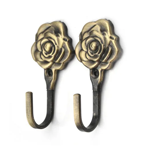 2Pcs Vintage Rose Flower Wall Hook Decorative Heavy Duty Wall Coat Hook Shabby Cast Iron Retro Rustic Wall Hanger Curtain Hook