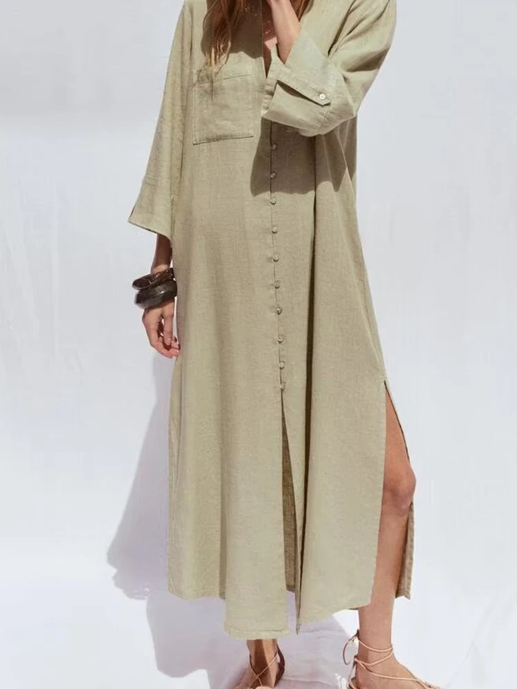 

European and American style foreign trade women's clothing new fashion leisure solid color loose slim lapel shirt dress