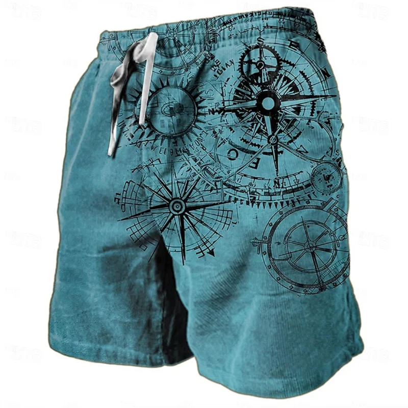 Vintage Compass Pattern Beach Short For Men Fashion Trend Summer 3D Printed Swim Trunks Loose Drawstring Streetwear Short Pants