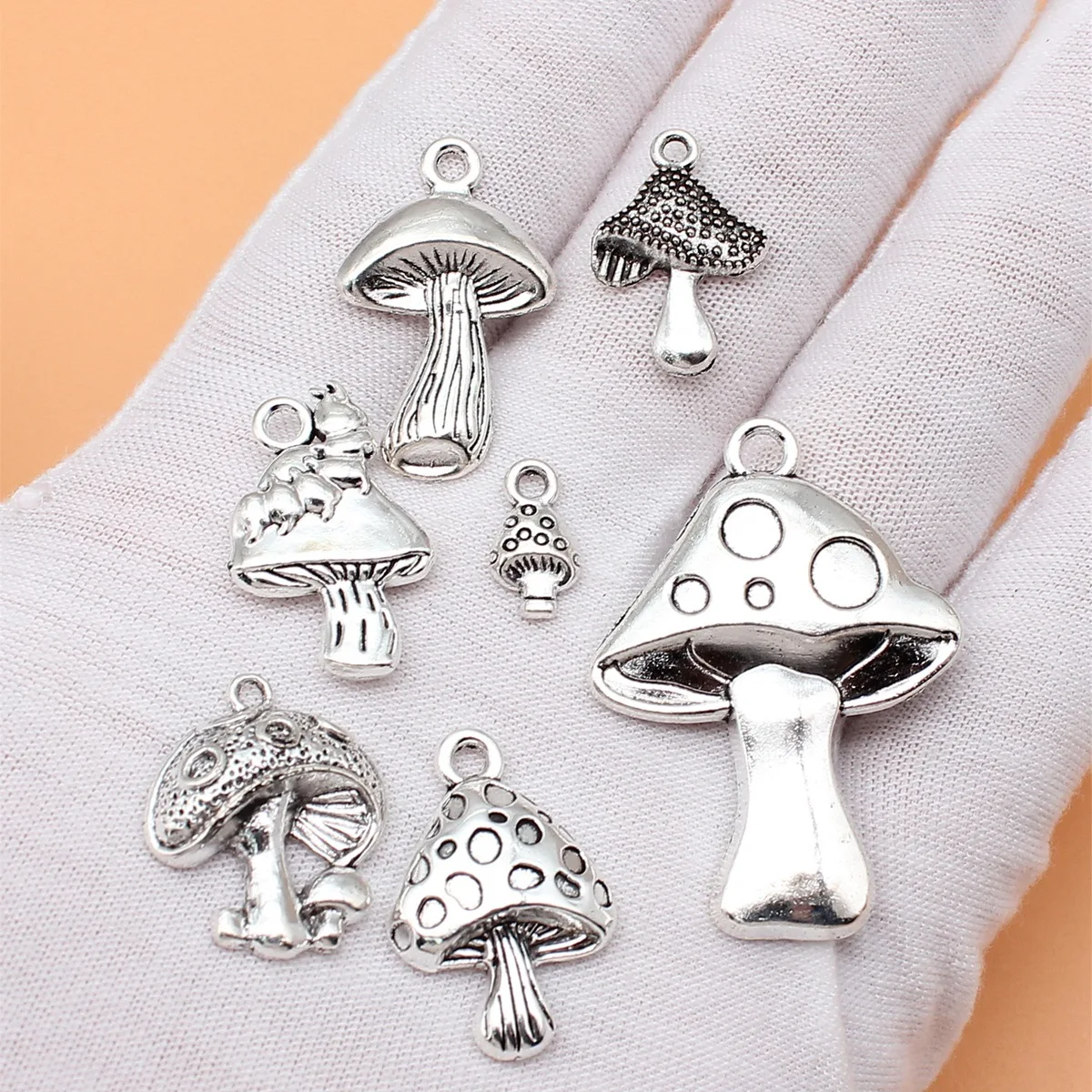 7pcs Antique Silver Color Mushroom Charms Collection For DIY Jewelry Making, 7 Styles, 1 of Each