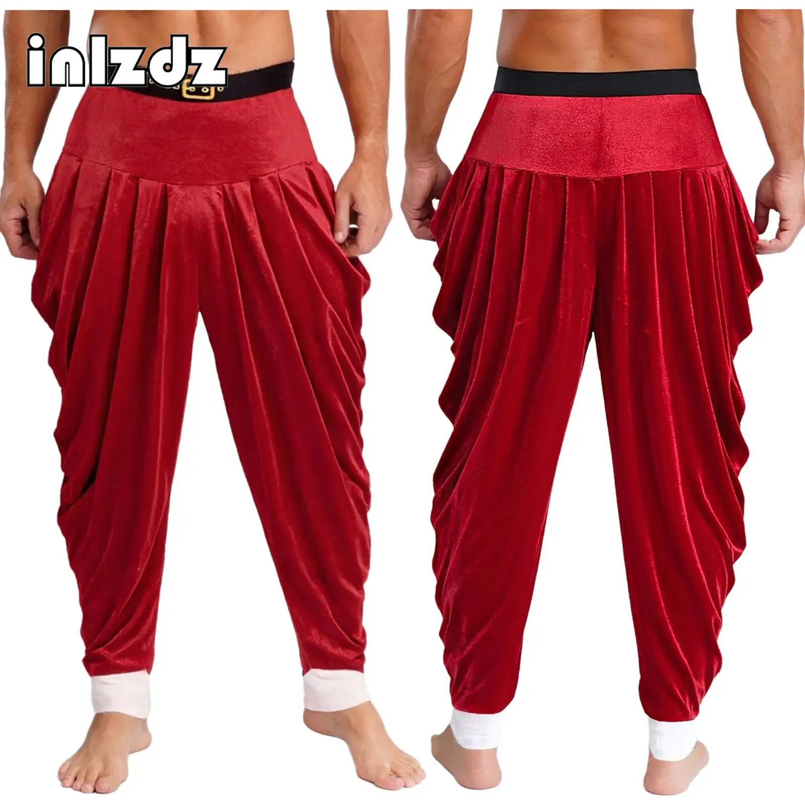 

Men Red Christmas Santa Claus Theme Party Cosplay Costume Stretchy Contrast Color Velvet Baggy Pants Party New Year Costume