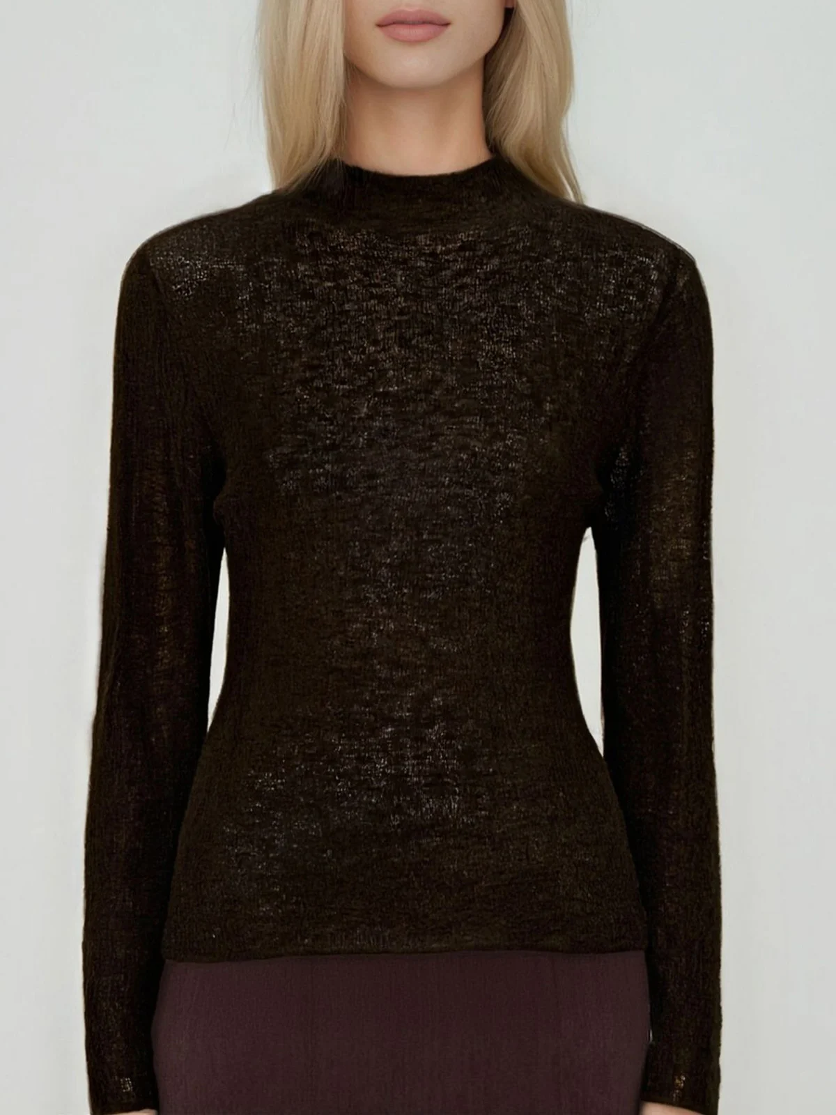 

Knitted T Shirt Pure Wool Sweater Light Weight Textured Mock Neck Pullover Tops