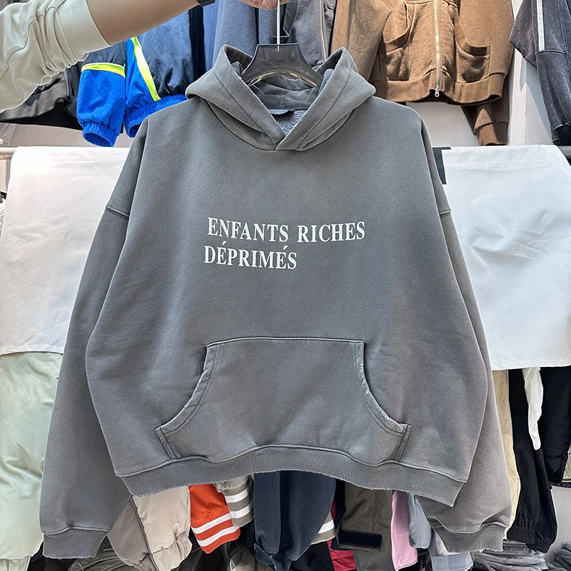 Grey Gradient Tie Dyeing Enfants Riches Deprimes Hoodies Fleece Washed Letter Vintage High Streetwear Men Women ERD Sweatshirts