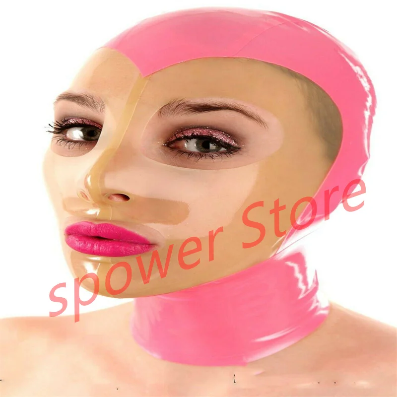 

Natural Latex Full Head Latex Hoods Rubber Mask Fetish Cosplay Costumes Pink with Transaprent Back Zip Club Wear