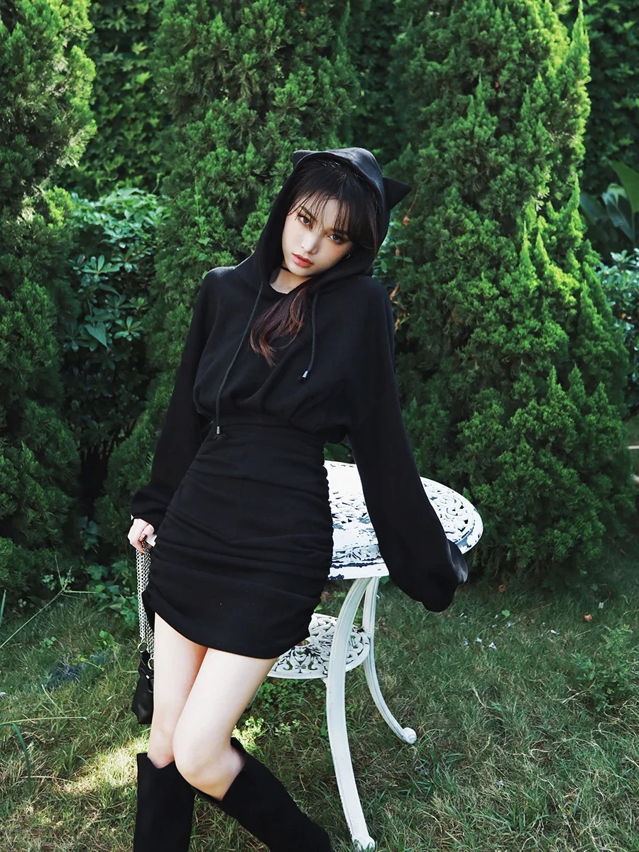 Ruibbit Japanese Autumn Winter Women Gothic Girls Punk Mini Dress High Quality Long Sleeve Hat Collar Sexy Black Dresses