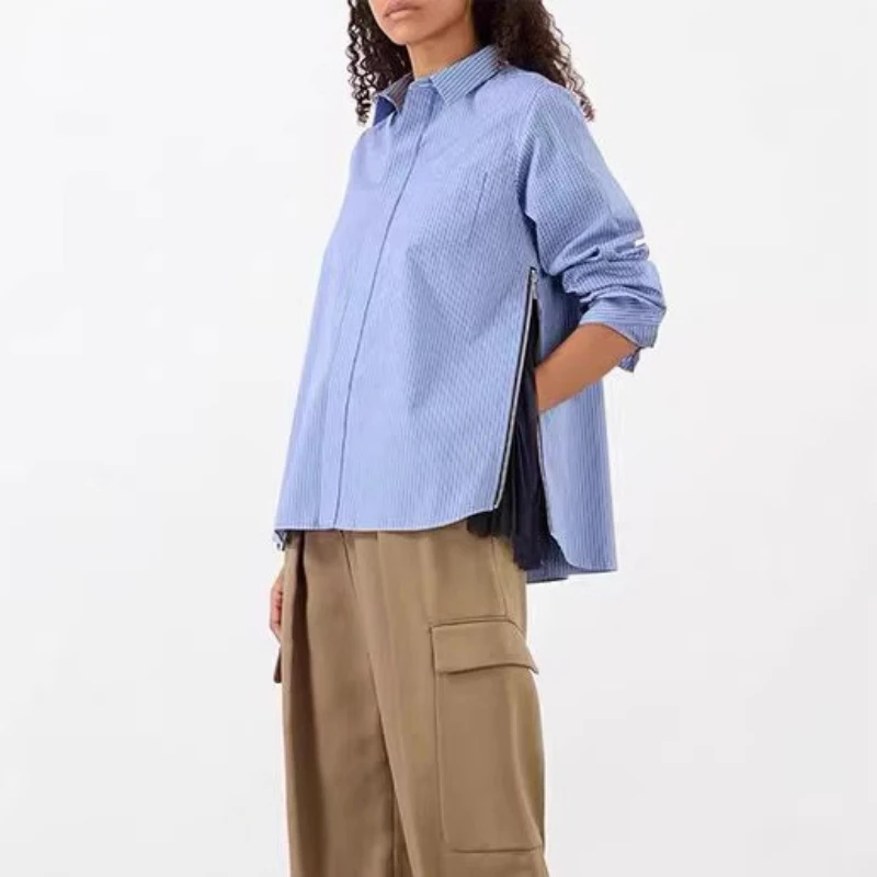 

2026 Spring New Japanese Deconstructed Casual Stripe Side Slit Long Sleeve Blouse Loose Women Shirt