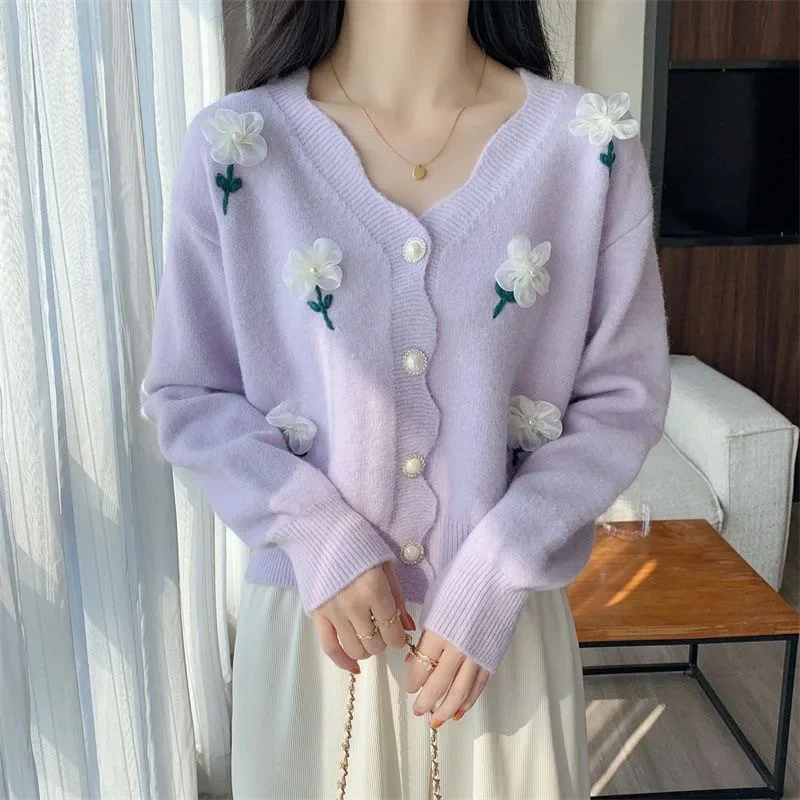 Idle Style Spring and Autumn New Loose-Fit Cardigan Sweater Women's Cropped Gentle Style Soft and Supple Knitted Top Jacket