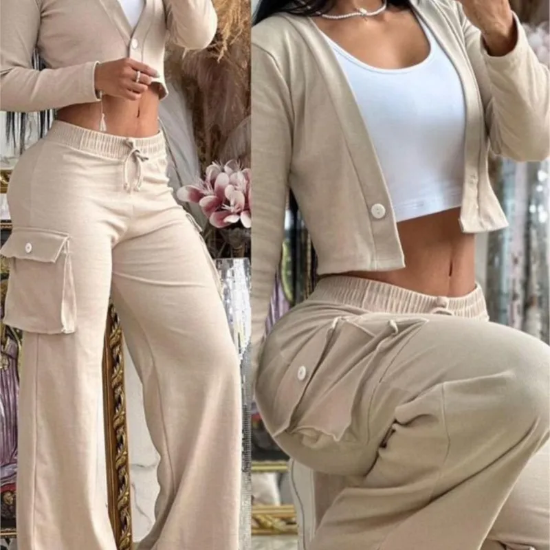 Autumn Fashionable And Elegant Solid Color Women\'s Suit Long-sleeved V-neck Short Coat Pocket Wide-leg Drawstring Trousers Suit
