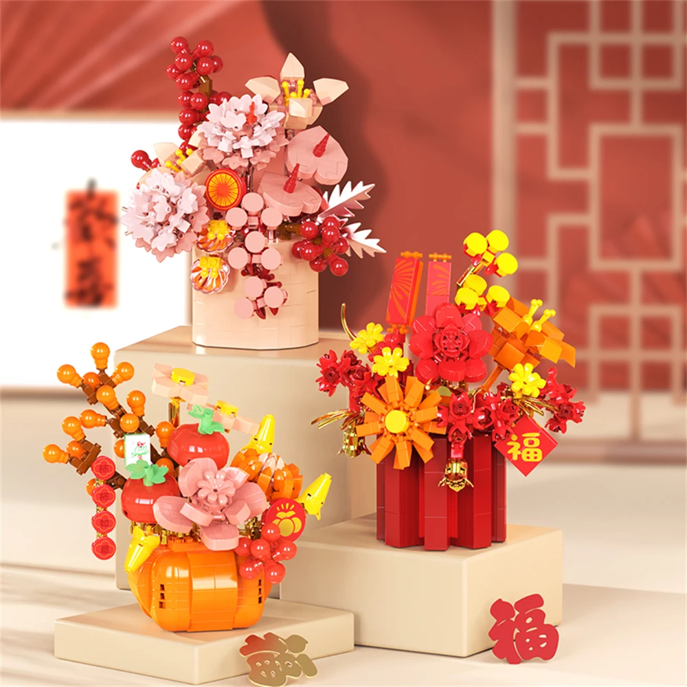 Creativity Bouquet Flower New Year Flower Basket Potted Home Decoration Assembled Micro Building Blocks Bricks Toys For Kids