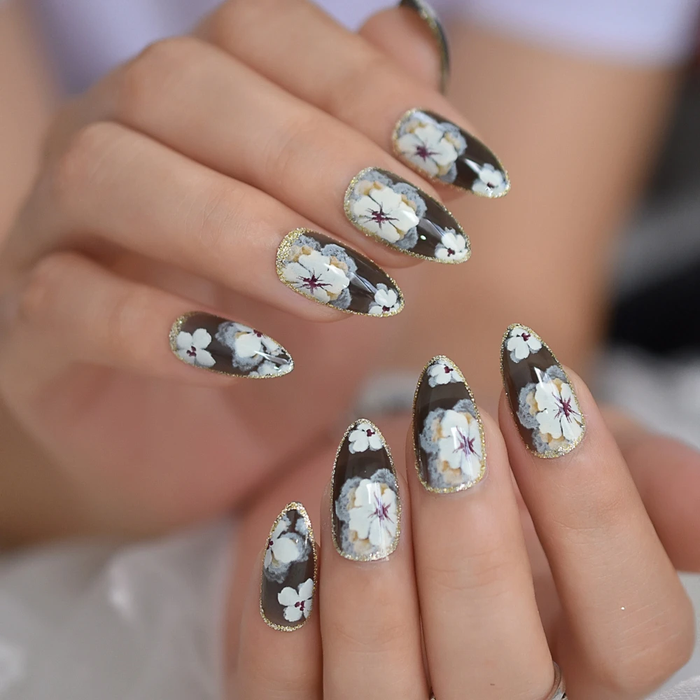 Faux ongles en gel à paillettes dorées pour fille, couverture complète des doigts, pointes d'art, style de fleurs, presse, N64.Stiletto, 03/Wear