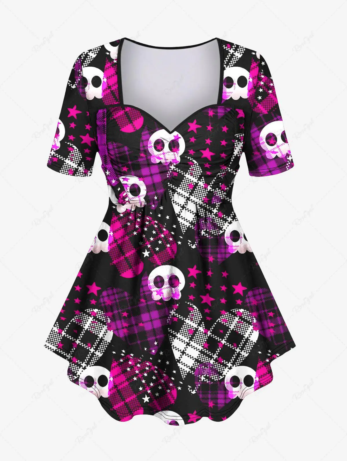 Plus Size Halloween Plaid Heart Cute Skull Stars Print Ruched T-shirt Or Flare Pants Daily Casual Spring,Summer New Matching Set