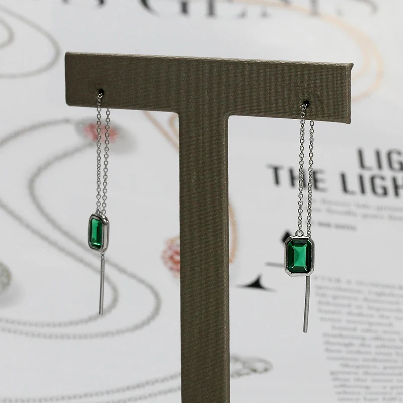Huitan Long Wire Earrings with Green Cubic Zirconia Simple Fashion Women Earrings Piercing Statement Accessories Wedding Jewelry