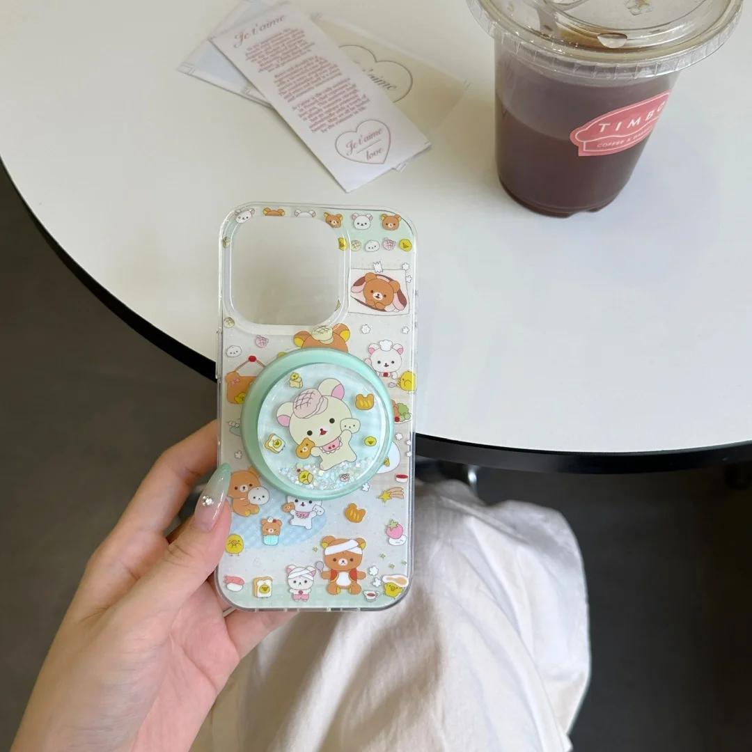 

Cute Chef Bear Couple Cartoon Magsafe Wireless Charge Phone Case For iPhone 16 15 14 13 Pro Max quicksand Magnetic Bracket