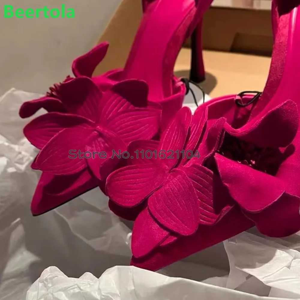 Flower Design Pointed Toe Luxury Pumps For Female Women 2024 Thin High Heel Slip-on Solid Shallow Elegnat Satin Fabric Shoes