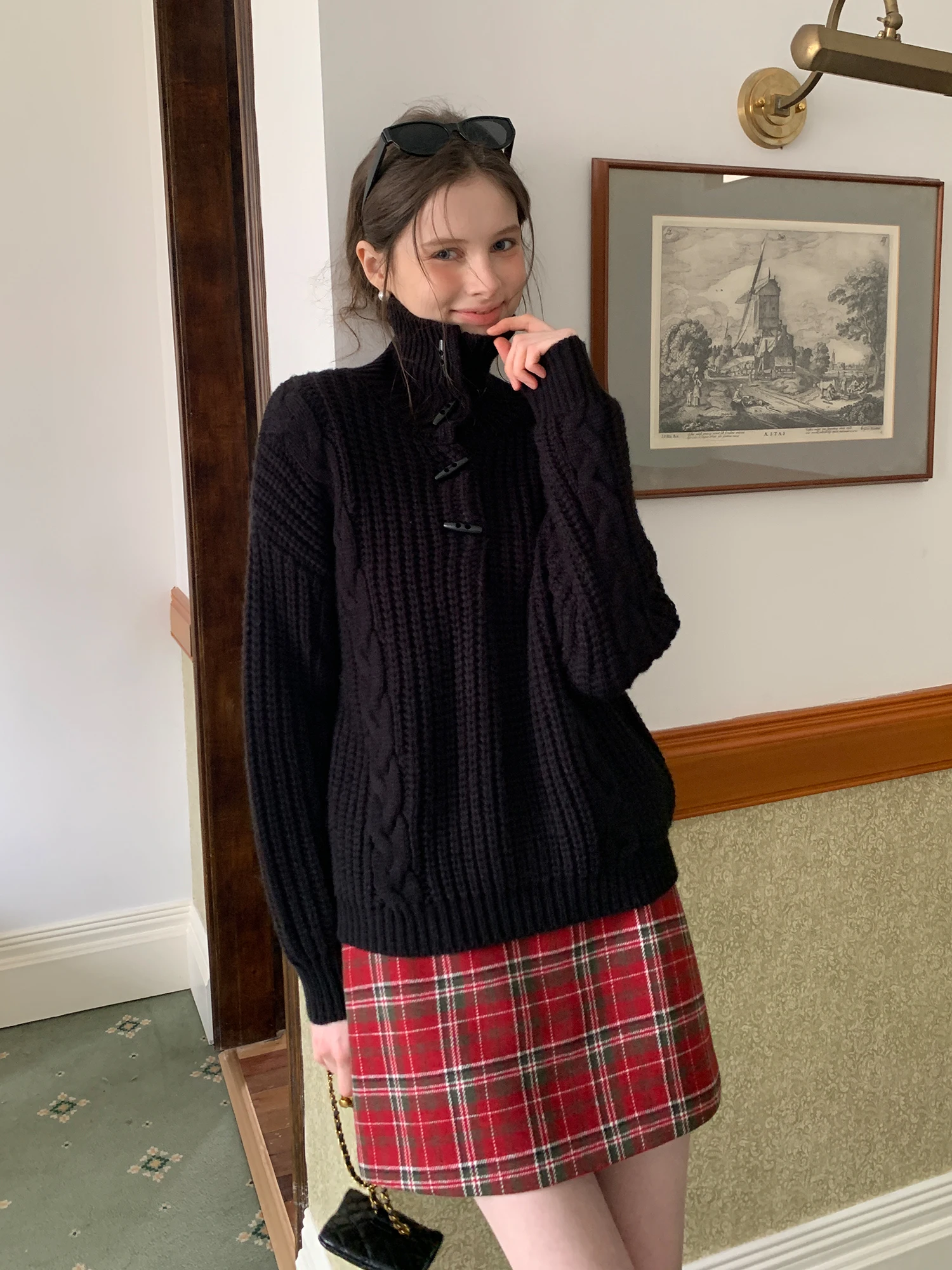 

Black Casual Loose Knitted Sweater EGGKA Button Stand Collar Commute Top Women's Fashion Comfortable Warm Long Sleeve