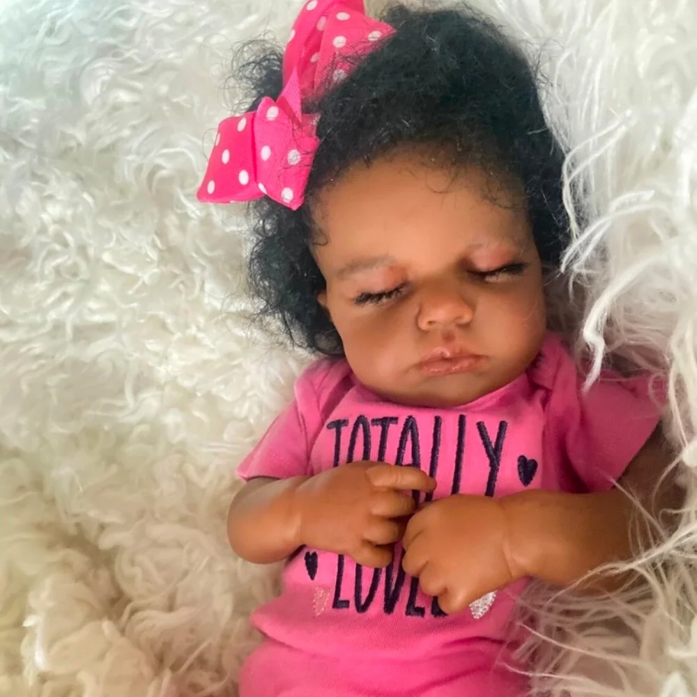 50 CM Finished Reborn Baby Doll LouLou Sleeping African American Girl Newborn Dark Skin Soft Hand-Rooted Hair Christmas Gift Toy