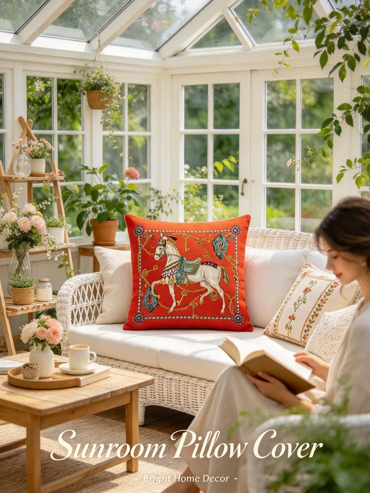 Red Horse Pillow Cover Luxury Equestrian Print Soft Cushion Case for Sofa Window Seat Balcony Sunroom Living Room Home Decor