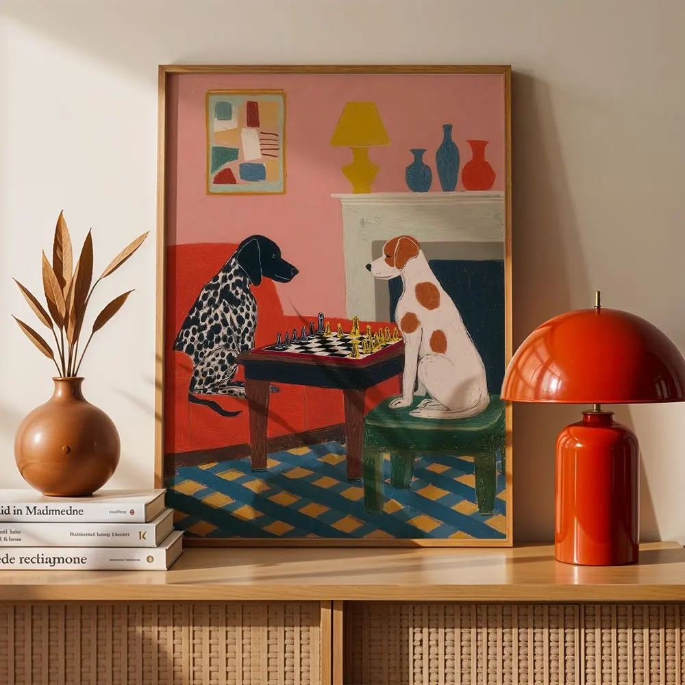 Modern Abstract Dogs Playing Chess Canvas Wall Decor Picture, 2D Printed Poster Wall Art, Fun Home Decor Gift For Living Room An