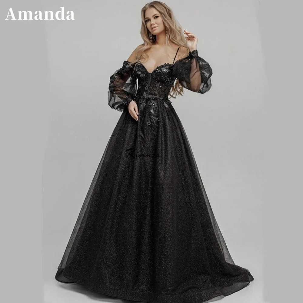 

Amanda Glitter Black Prom Dress 2023 Gothic Puffy Sleeve Formal Occasion Dresses Shiny A-line فستان سهرة Tulle Train Party Dress