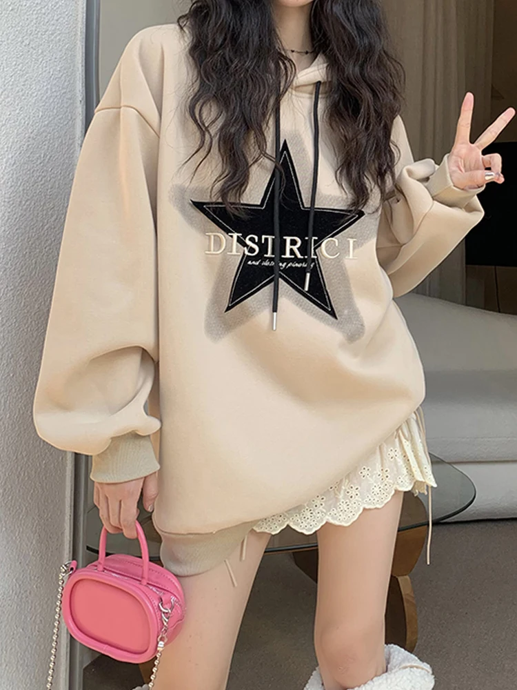 

SONNEESD Korean Winter Vintage Star Letter Embroidery Pullovers Hooded Harajuku Full Sleeve Thicken Warm Plush Loose Sweatshirt