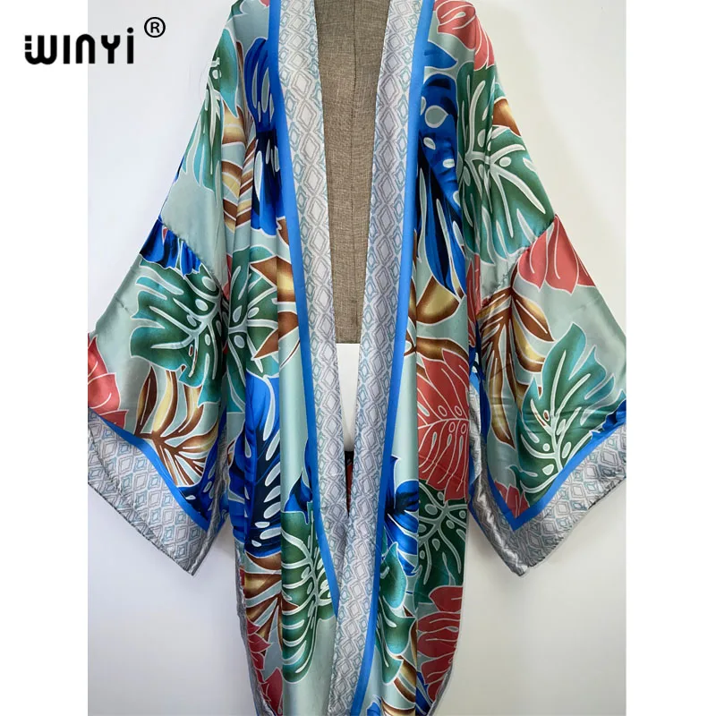 2022 WINYI new silk feeling sexy Leaf print Beach Wear Swim Suit Cover coat Elegant Women Boho Holiday Long Sleeve Kimono Dress